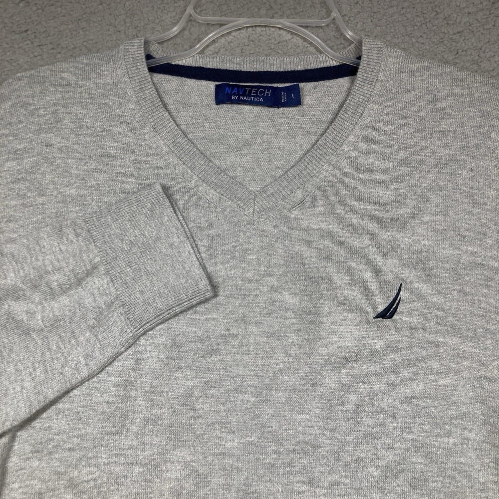 Nav Tech By‎ Nautical Sweater Mens Large Gray V Neck Lightweight Preppy Casual
